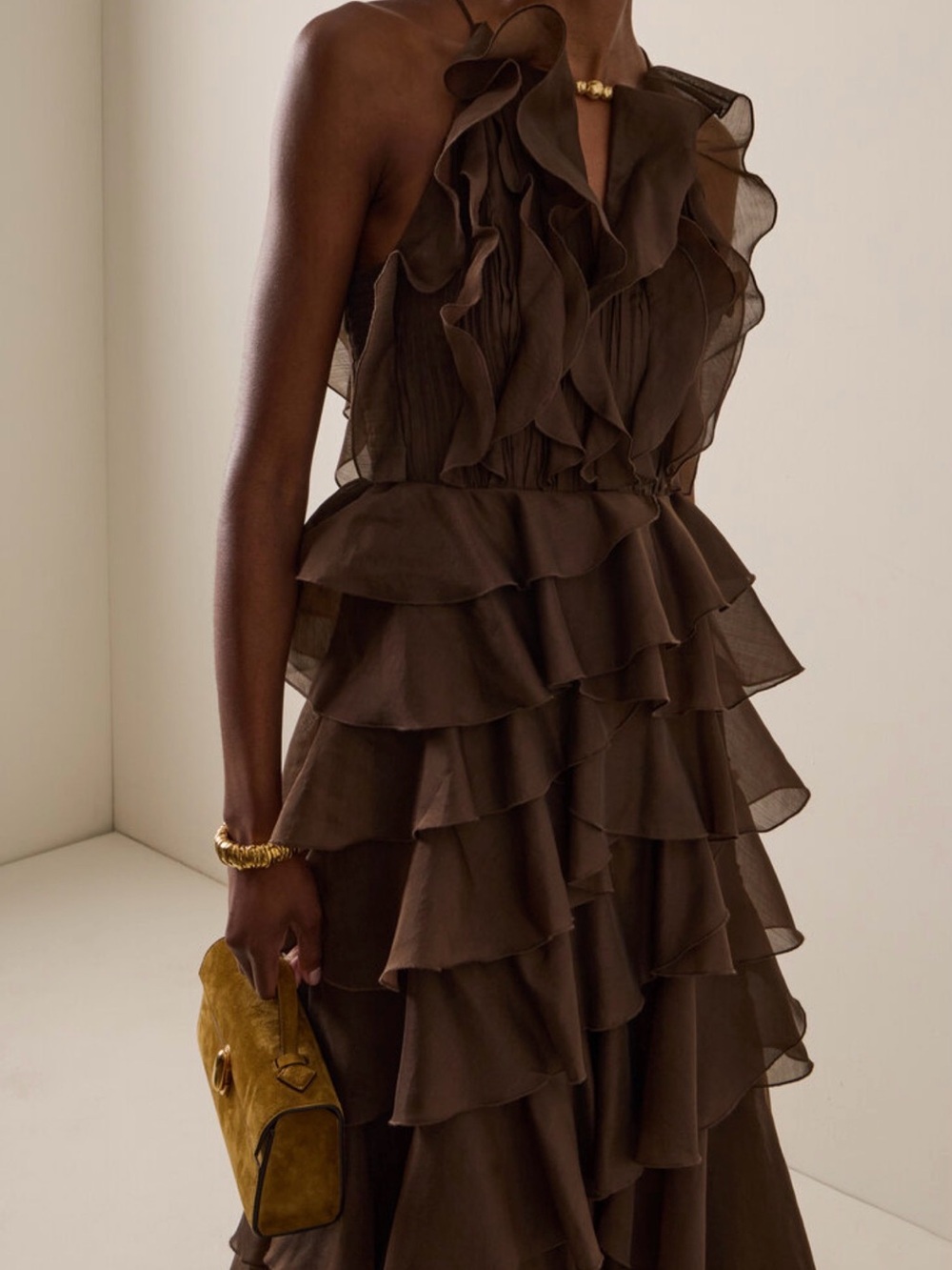 Aje Chocolate Brown Ruffle Tiered Halter Maxi Dress